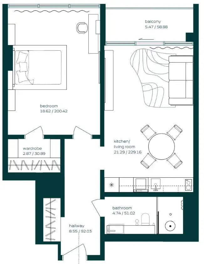 Vibe 1 bed floor plan, 751 sqft