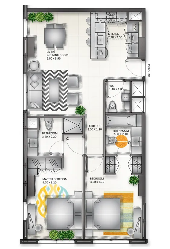 Al Mamsha Sharjah 2 bed floor plan, 820 – 1,239 sqft
