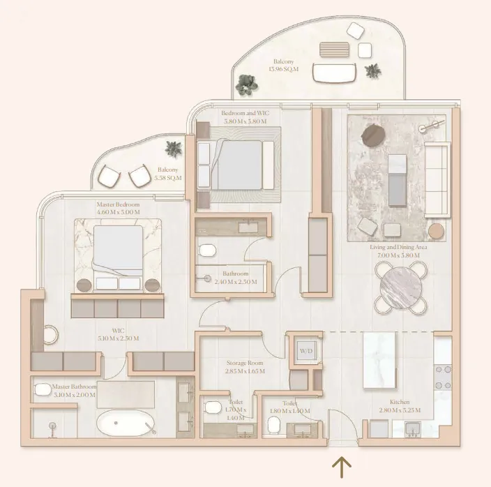 Esme Beach Residences 2 bed floor plan, 1,558 sqft