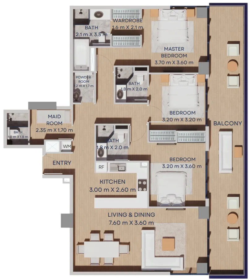 Manam Pearl 3 bed floor plan, 1,697 sqft