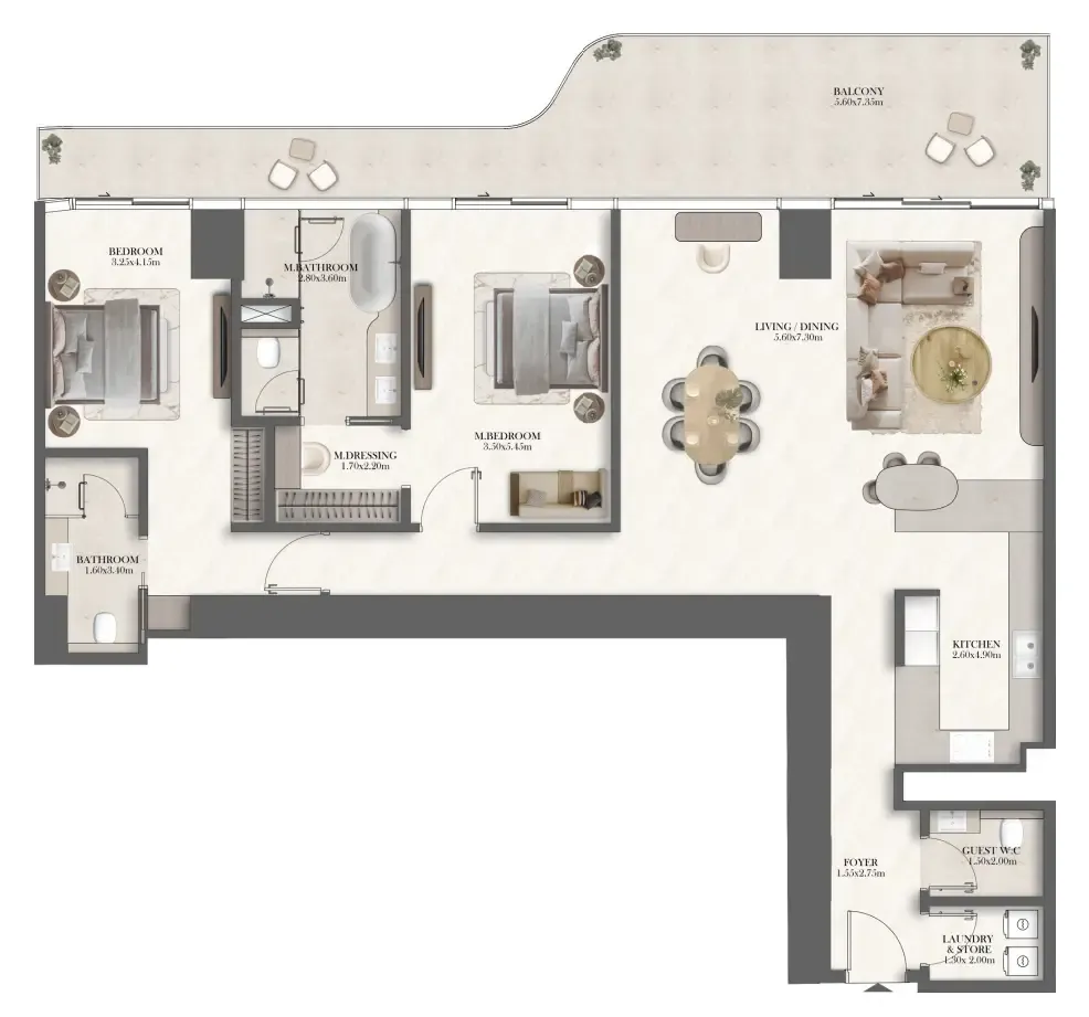 Jumeirah Residences at Al Maryah Island 2 bed floor plan, 1,926 – 1,997 sqft