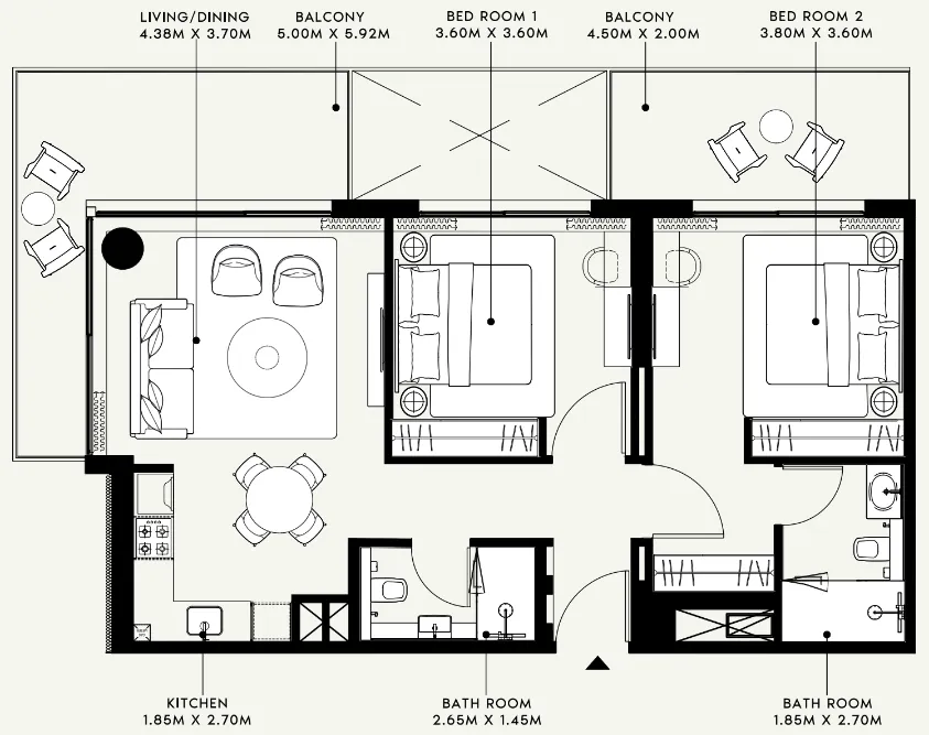 Azizi Venice 2 bed floor plan, 1,093 sqft