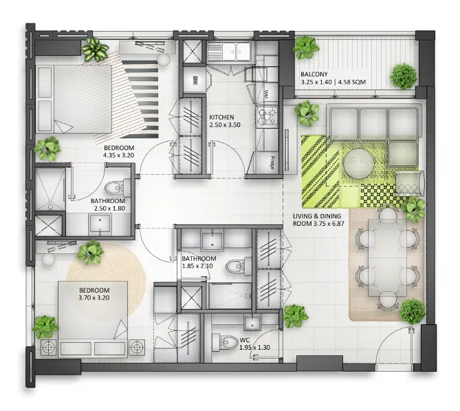 Al Mamsha Sharjah 2 bed floor plan, 1,266 sqft
