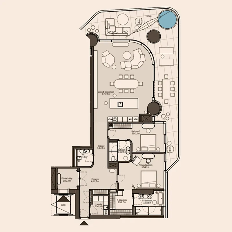 Eywa Way of Water 2 bed floor plan, 2,958 – 2,997 sqft
