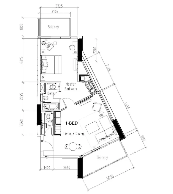 Damac Hills - Radisson Dubai 1 bed floor plan, 901 sqft