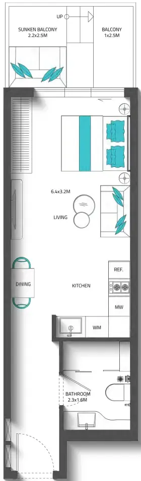 Reef 996 Studio floor plan, 442 – 452 sqft