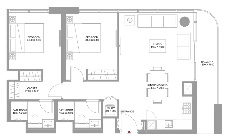 Starline Beach Residences 2 bed floor plan, 973 sqft