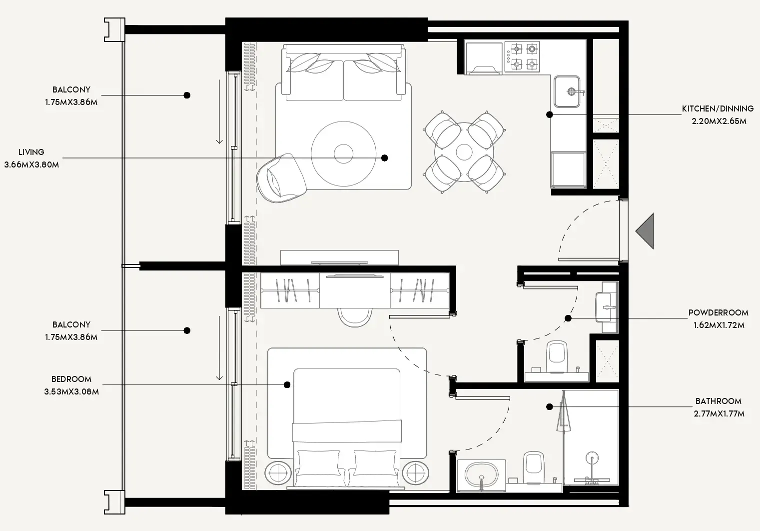 Azizi Venice 1 bed floor plan, 708 sqft