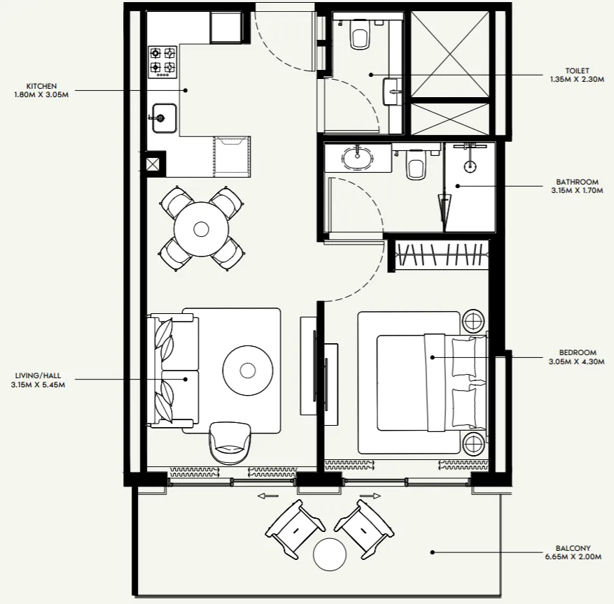 Azizi Venice 1 bed floor plan, 735 sqft