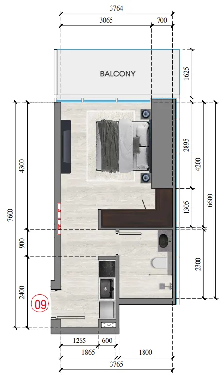 Auresta Tower Studio floor plan, 371 sqft