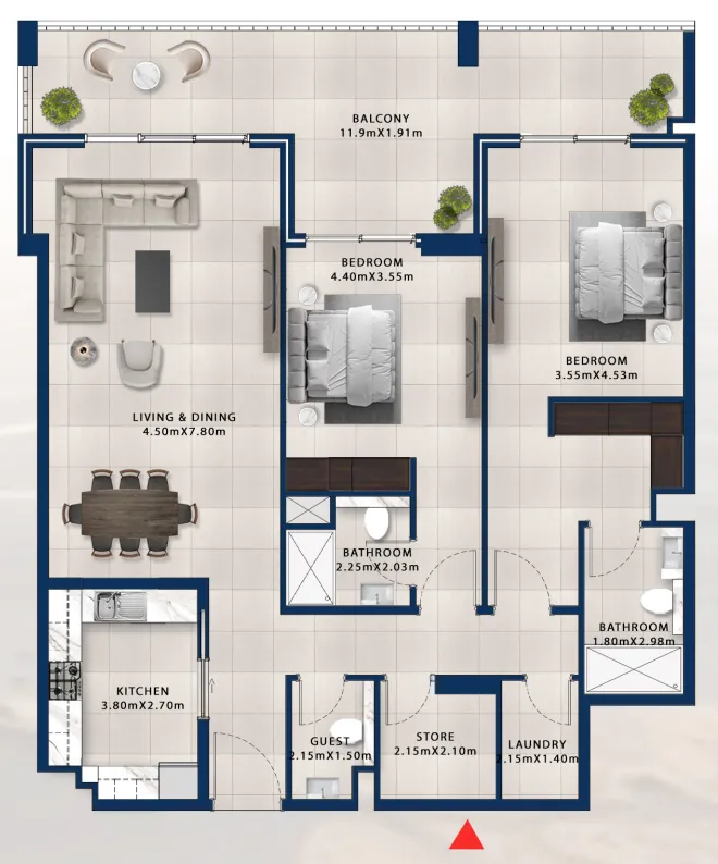 Asayel Avenue 2 bed floor plan, 1,725 sqft