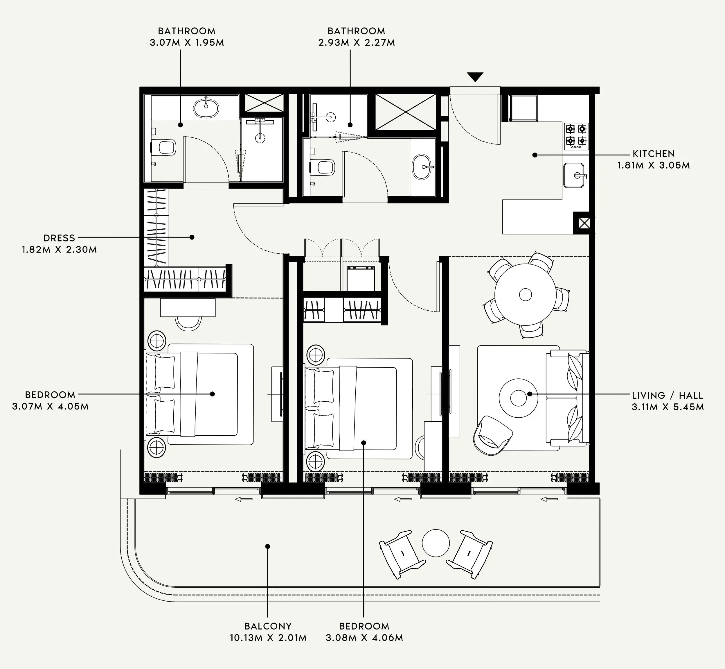 Azizi Venice 2 bed floor plan, 1,156 sqft