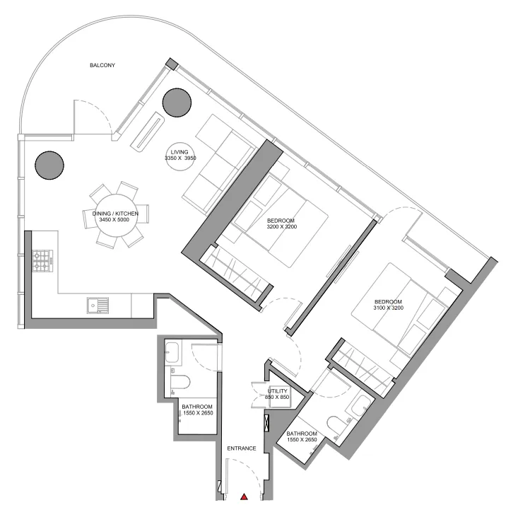 Sobha Solis 2 bed floor plan, 1,127 sqft