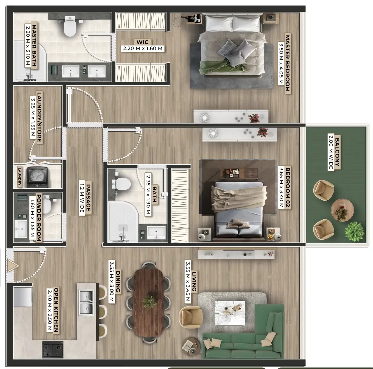 Firoza 2 bed floor plan, 1,186 sqft