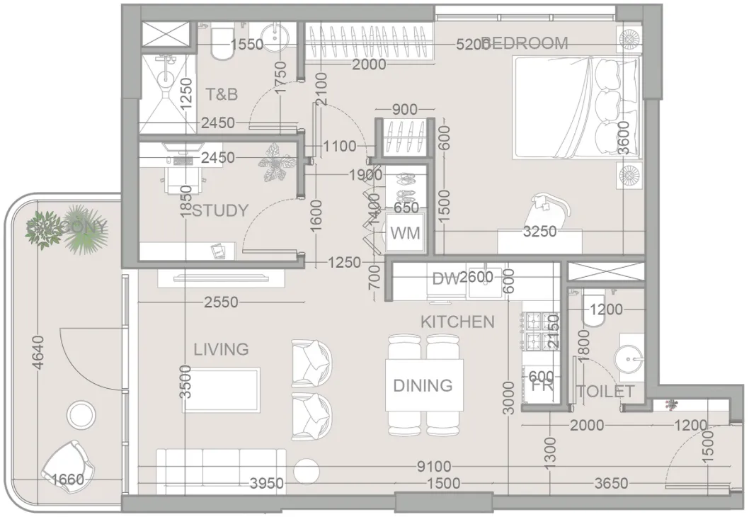TETR1S Tower 1 bed floor plan, 775 sqft