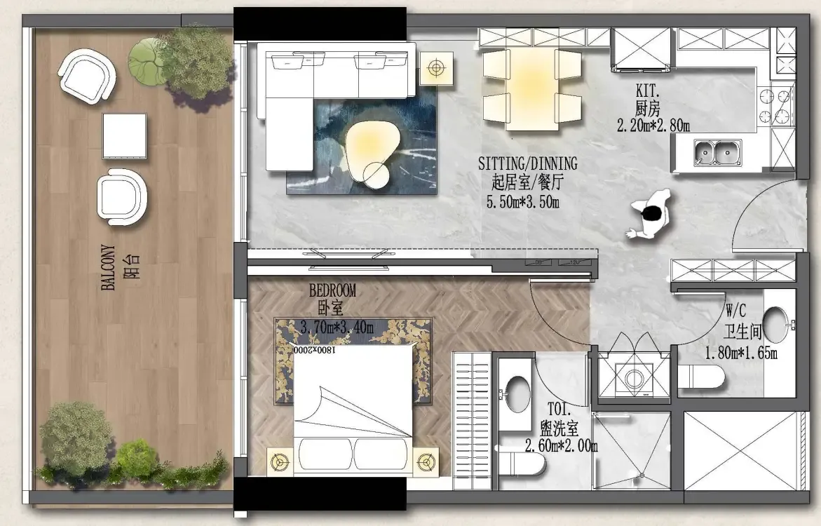 Forest City 2 1 bed floor plan, 873 sqft