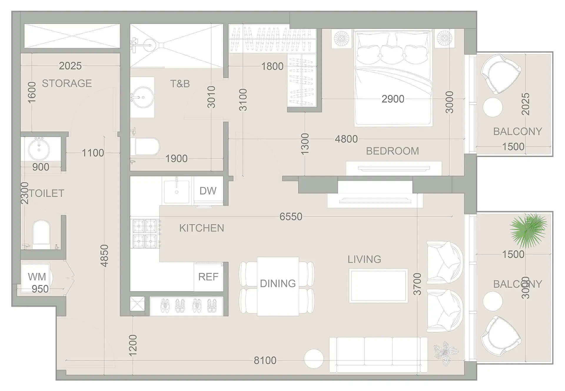 1WOOD Residence 2 1 bed floor plan, 801 sqft