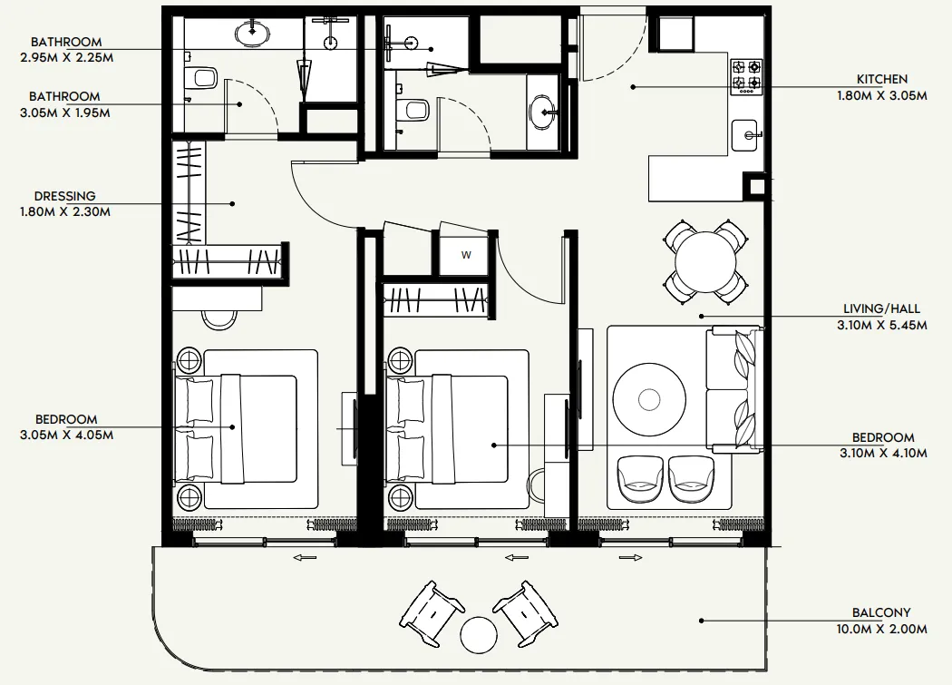 Azizi Venice 2 bed floor plan, 1,147 sqft