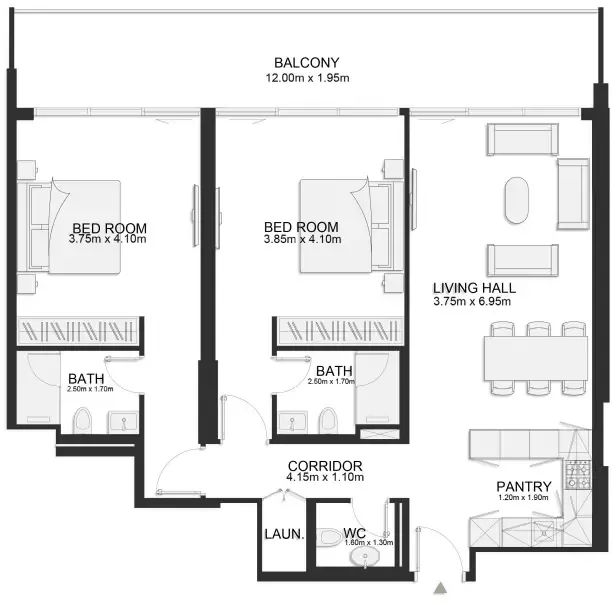 Ashley Hills 2 bed floor plan, 1,349 sqft