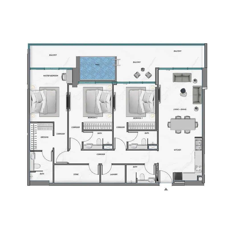 Ocean Crest 3 bed floor plan, 2,029 – 2,039 sqft