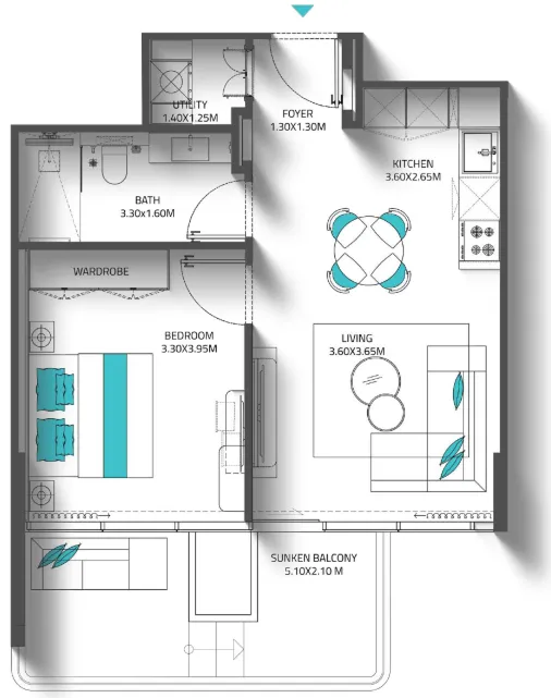 Reef 998 1 bed floor plan, 645 sqft