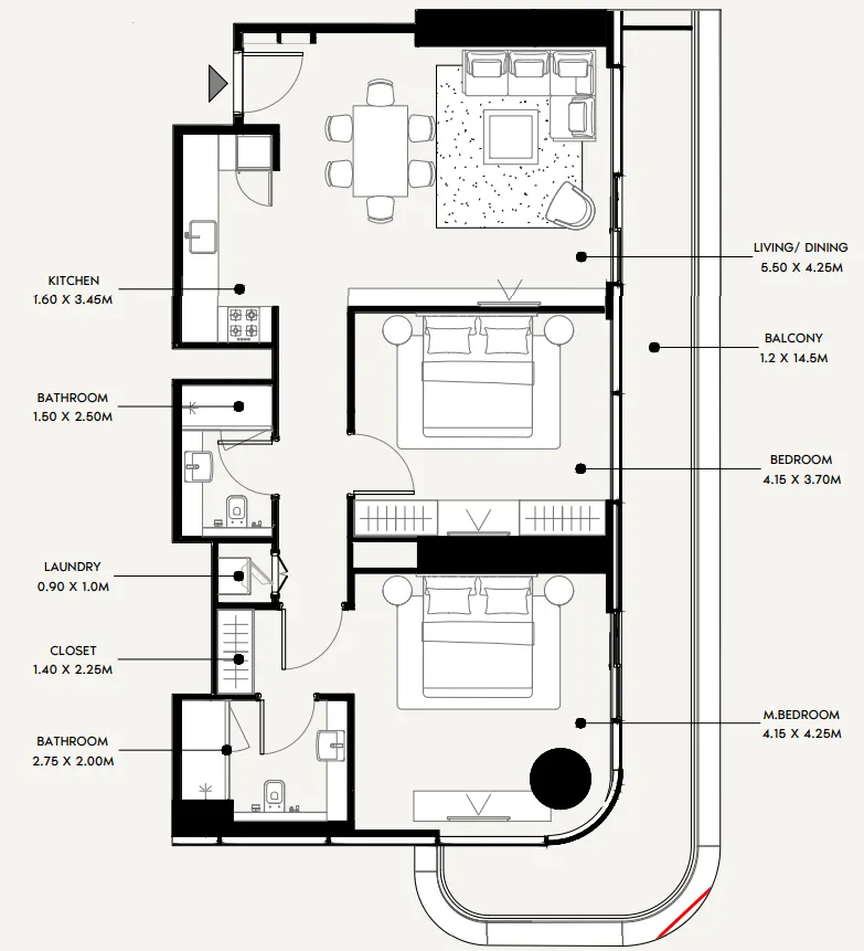 Azizi Milan 2 bed floor plan, 1,240 sqft