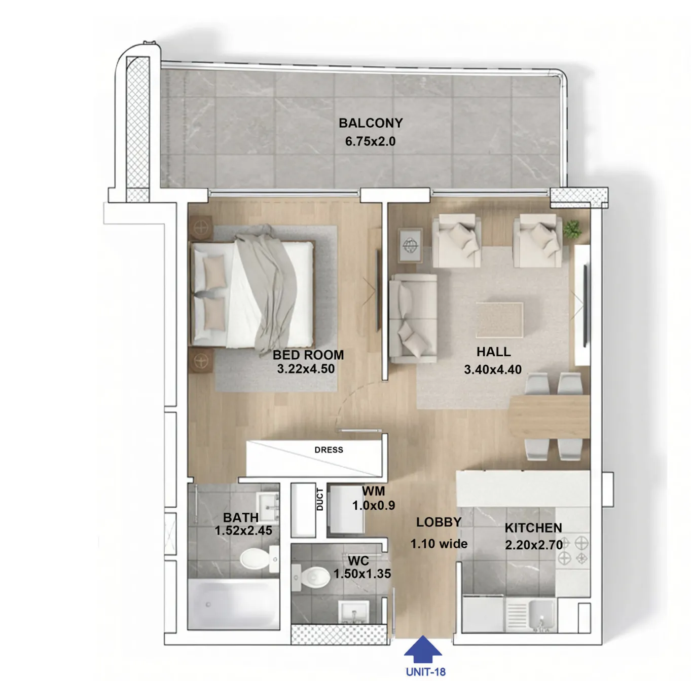 RR Grand 1 bed floor plan, 711 – 712 sqft