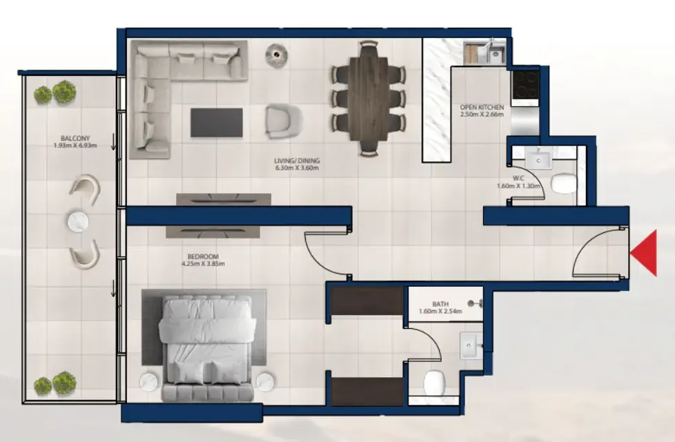 Al Vista 1 bed floor plan, 938 sqft