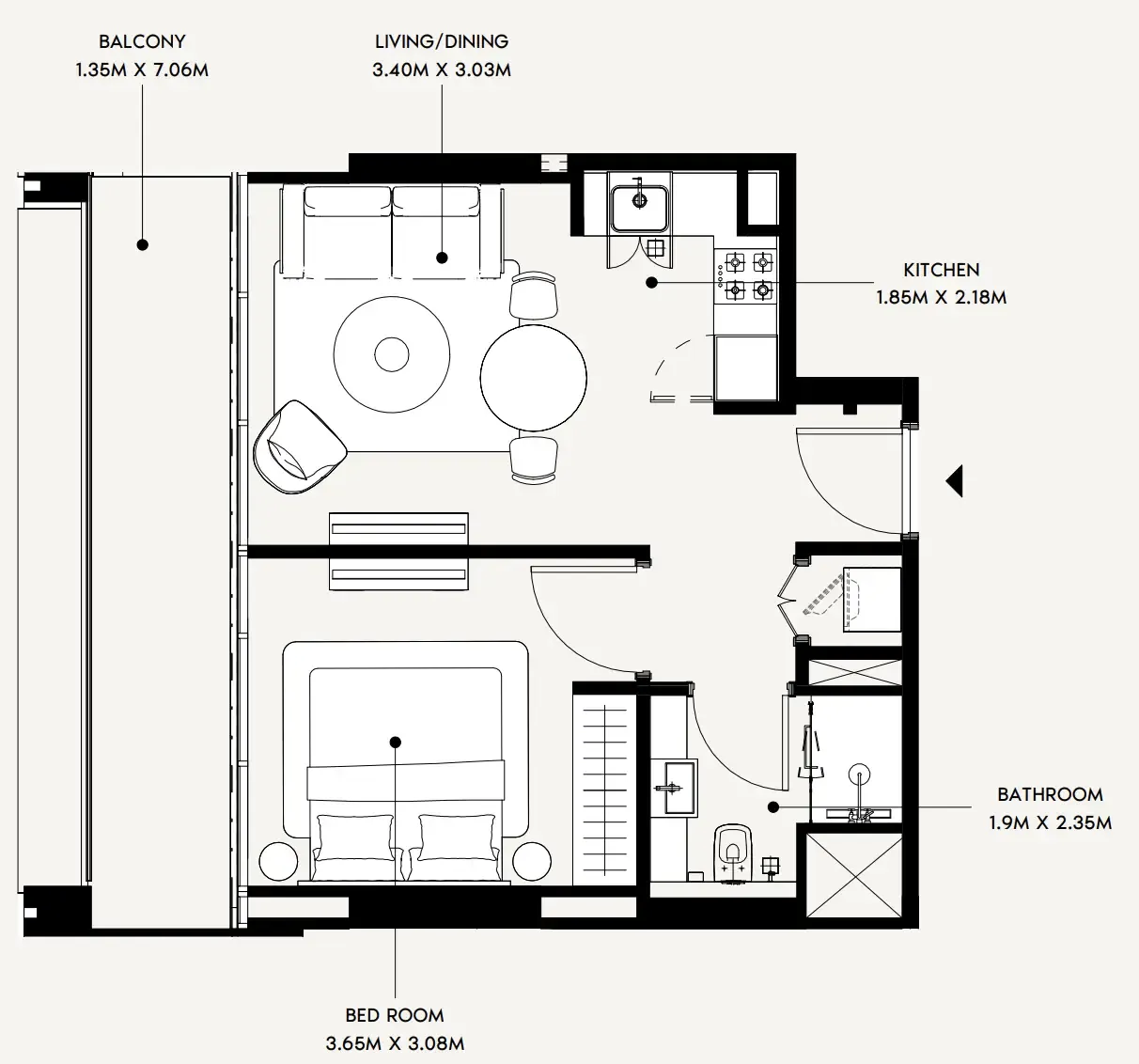 Creek Views 4 1 bed floor plan, 543 sqft