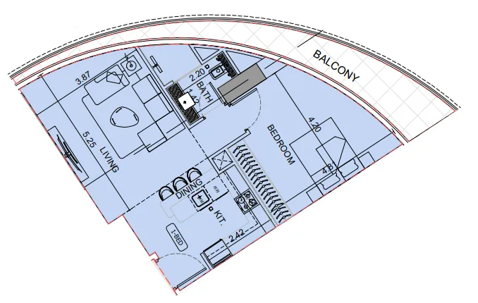 Binghatti Aquarise 1 bed floor plan, 790 sqft