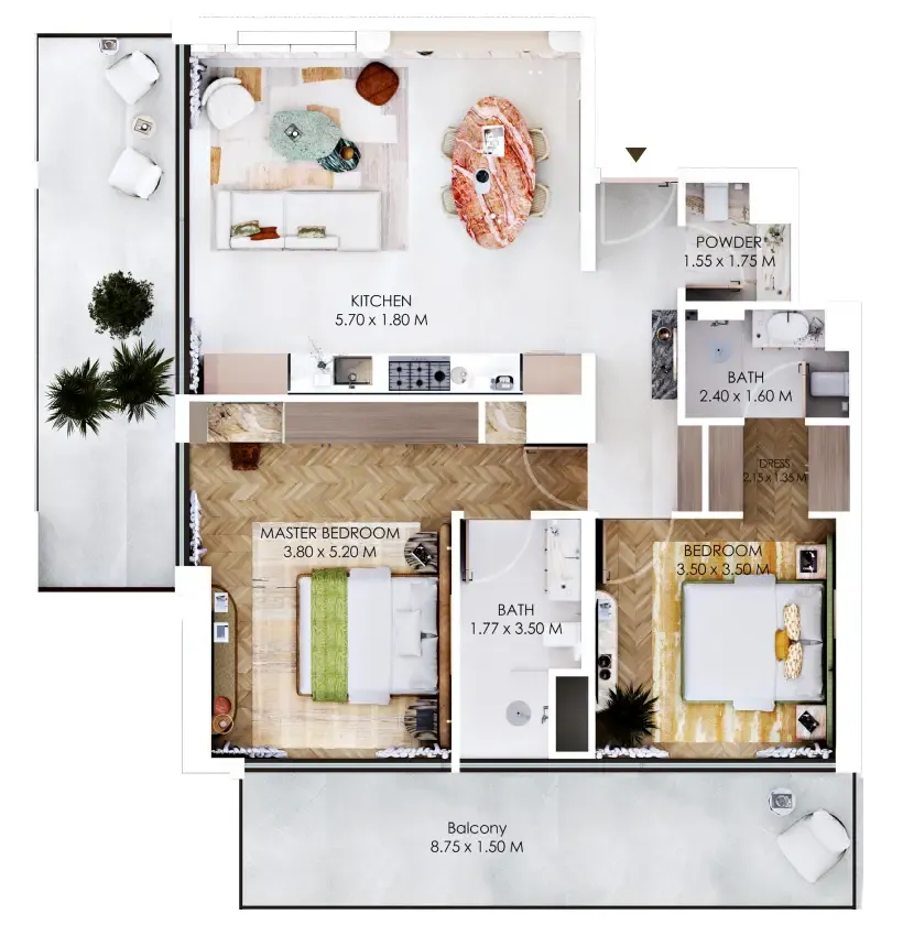 Rabdan Square 2 bed floor plan, 1,249 – 1,359 sqft