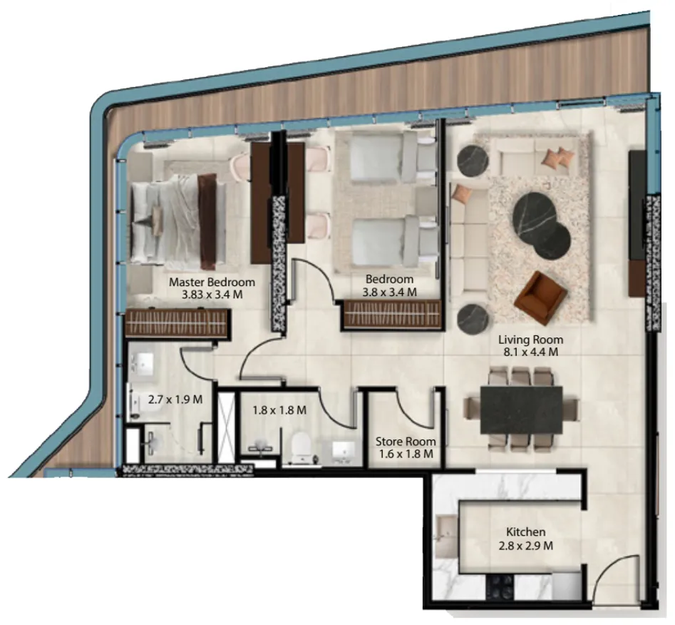 Cresswell Views 2 bed floor plan, 1,313 sqft