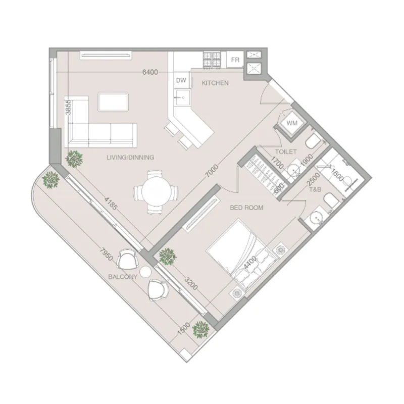 VERDAN1A 4 1 bed floor plan, 830 sqft