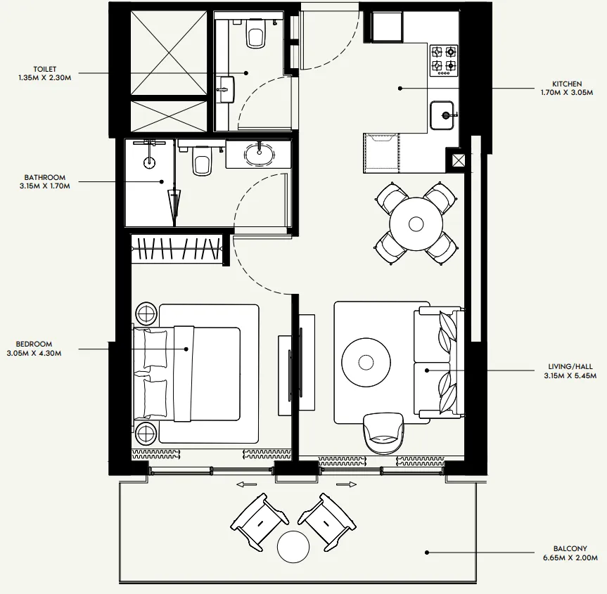 Azizi Venice 1 bed floor plan, 736 sqft