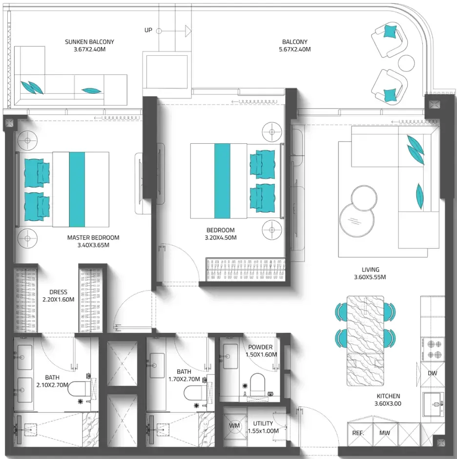 Reef 997 2 bed floor plan, 478 – 1,223 sqft