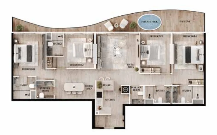 Agua Residences 4 bed floor plan, 1,771 sqft
