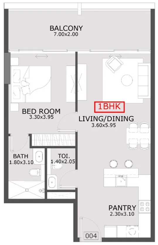 Azra Residence 1 bed floor plan, 795 sqft