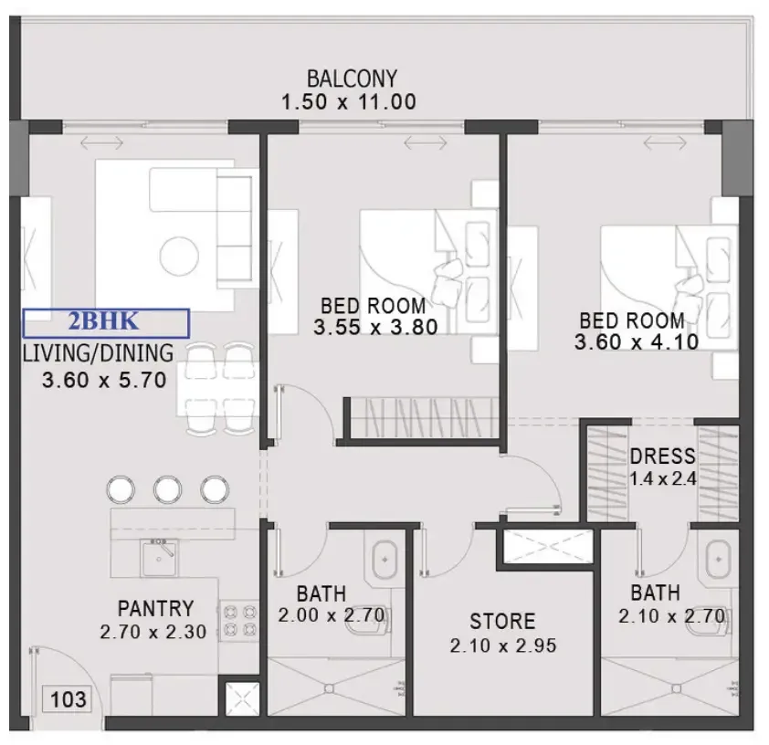 One By Preston 2 bed floor plan, 1,202 sqft