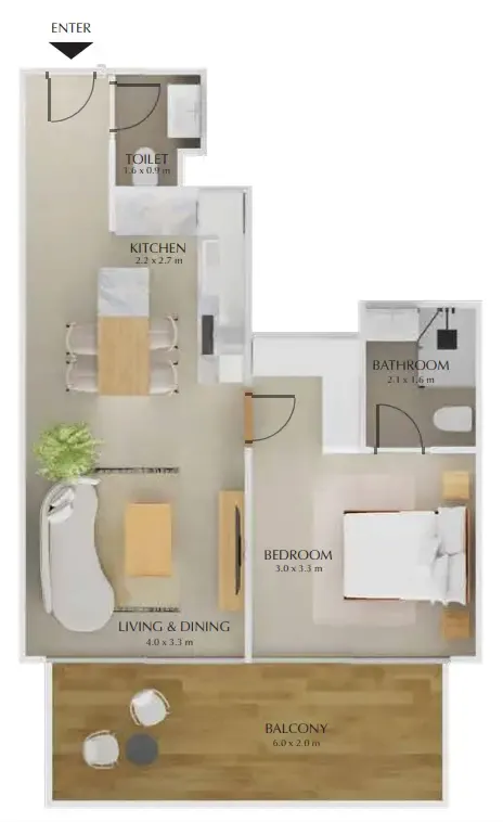 Treppan Tower 1 bed floor plan, 643 sqft