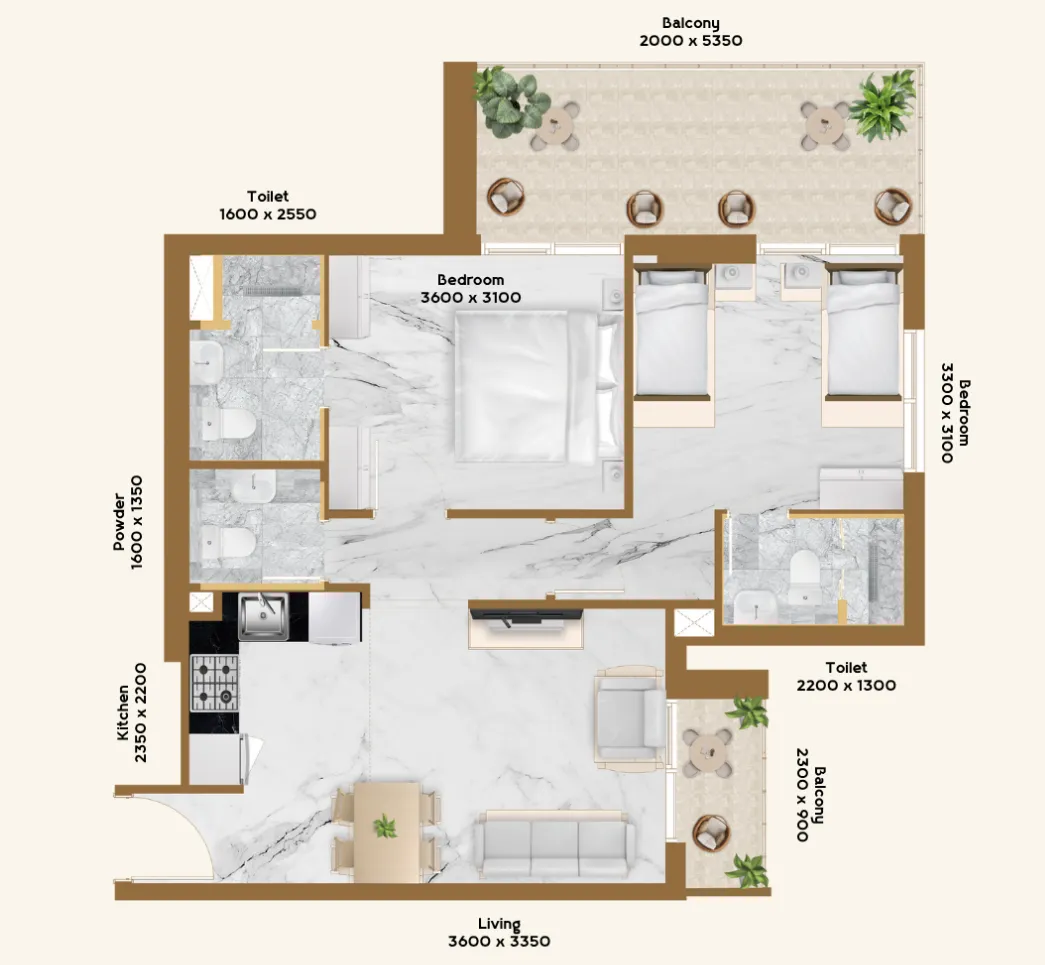 RR Residence 2 bed floor plan, 851 – 886 sqft