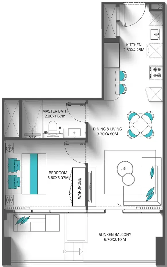 Reef 998 1 bed floor plan, 672 sqft