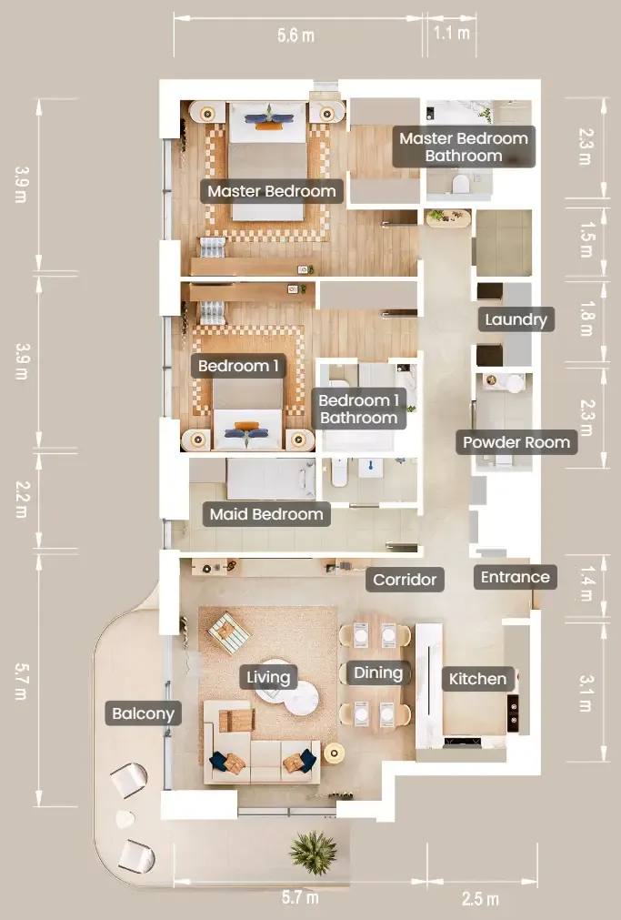 The Beach House Fahid 2 bed floor plan, 1,612 sqft