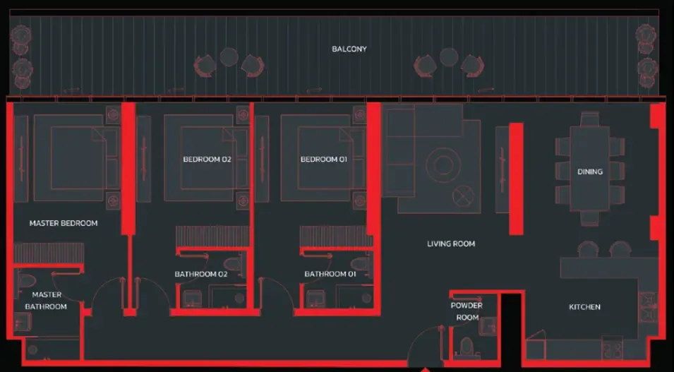 Tonino Lamborghini Residences by BNW Developments 3 bed floor plan, 2,042 sqft