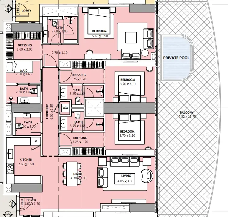 Binghatti Skyblade 3 bed floor plan, 2,477 sqft