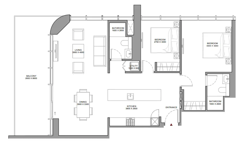 Sobha Aquamont 2 bed floor plan, 1,309 sqft