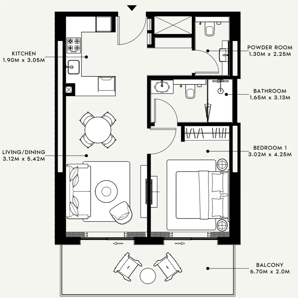 Azizi Venice 1 bed floor plan, 760 sqft