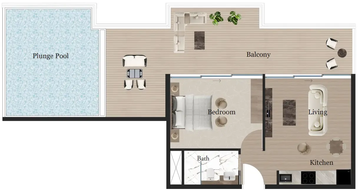 Rijas Suites 1 bed floor plan, 1,004 sqft