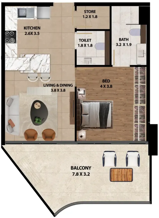 Marquis One 1 bed floor plan, 883 sqft