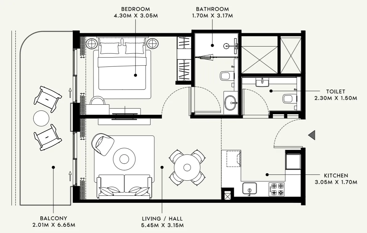Azizi Venice 1 bed floor plan, 742 sqft
