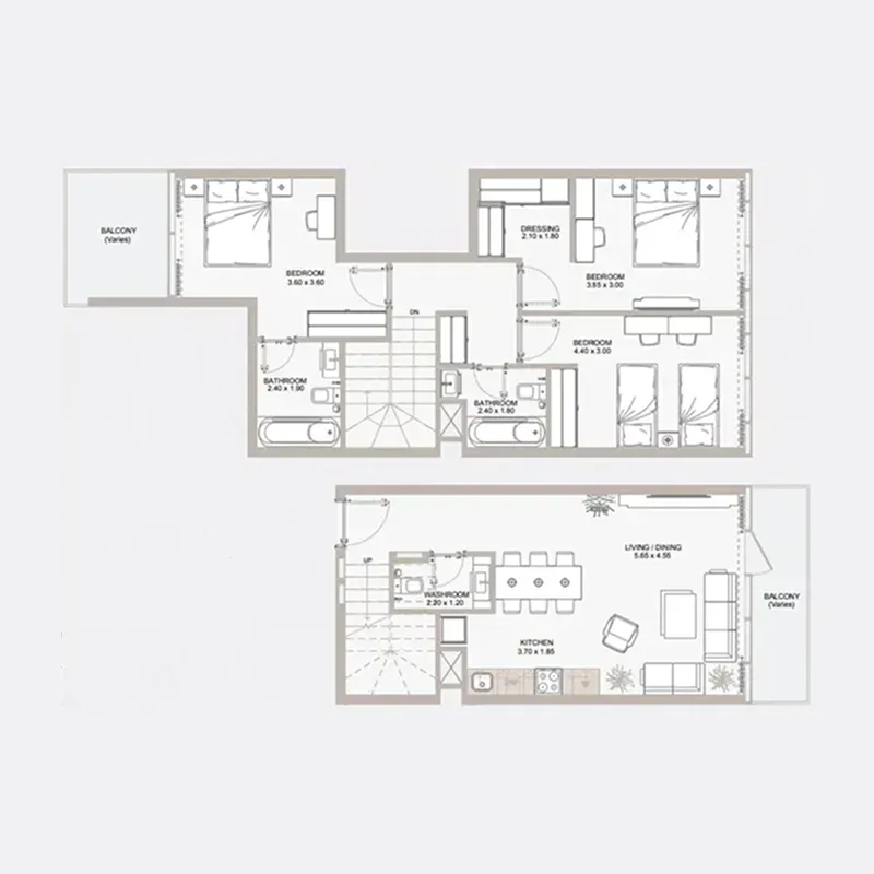 Perla 1 at the Bay 3 bed floor plan, 1,285 – 1,297 sqft